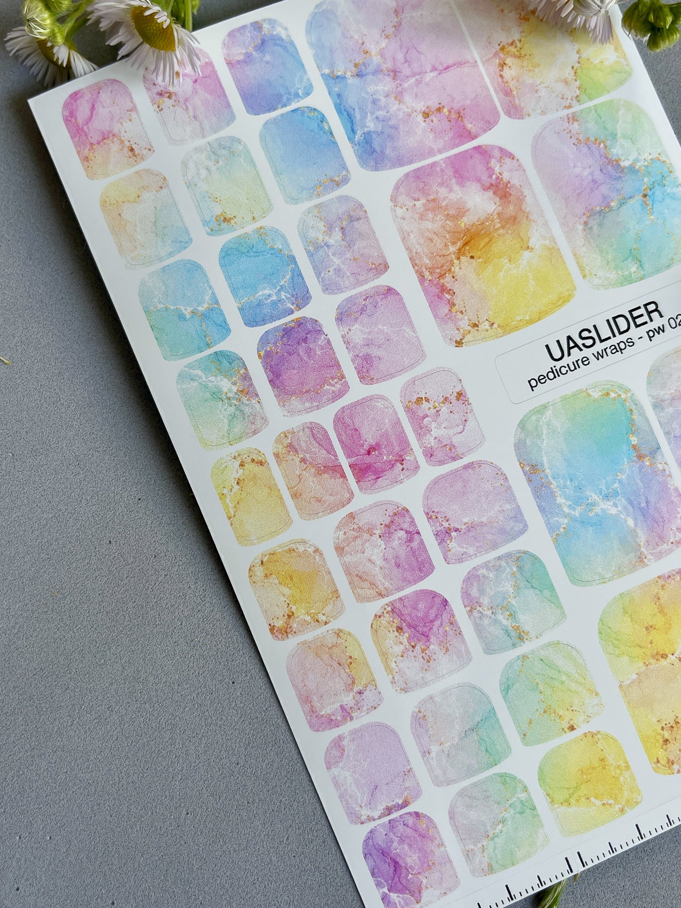 Marble Pedicure Nail Wraps — Pastel Rainbow Watercolor Marble with Gold | PW-025