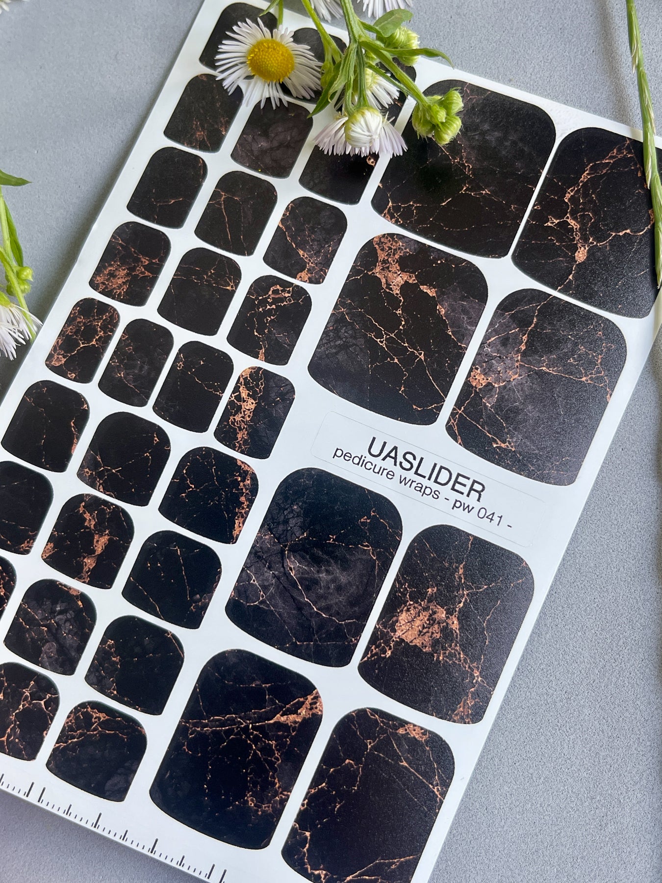 Dark Marble Pedicure Nail Wraps — Copper Vein on Black | PW-041