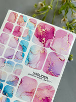 Watercolor Marble Pedicure Nail Wraps — Pink, Blue & Purple with Gold Veins | PW-037