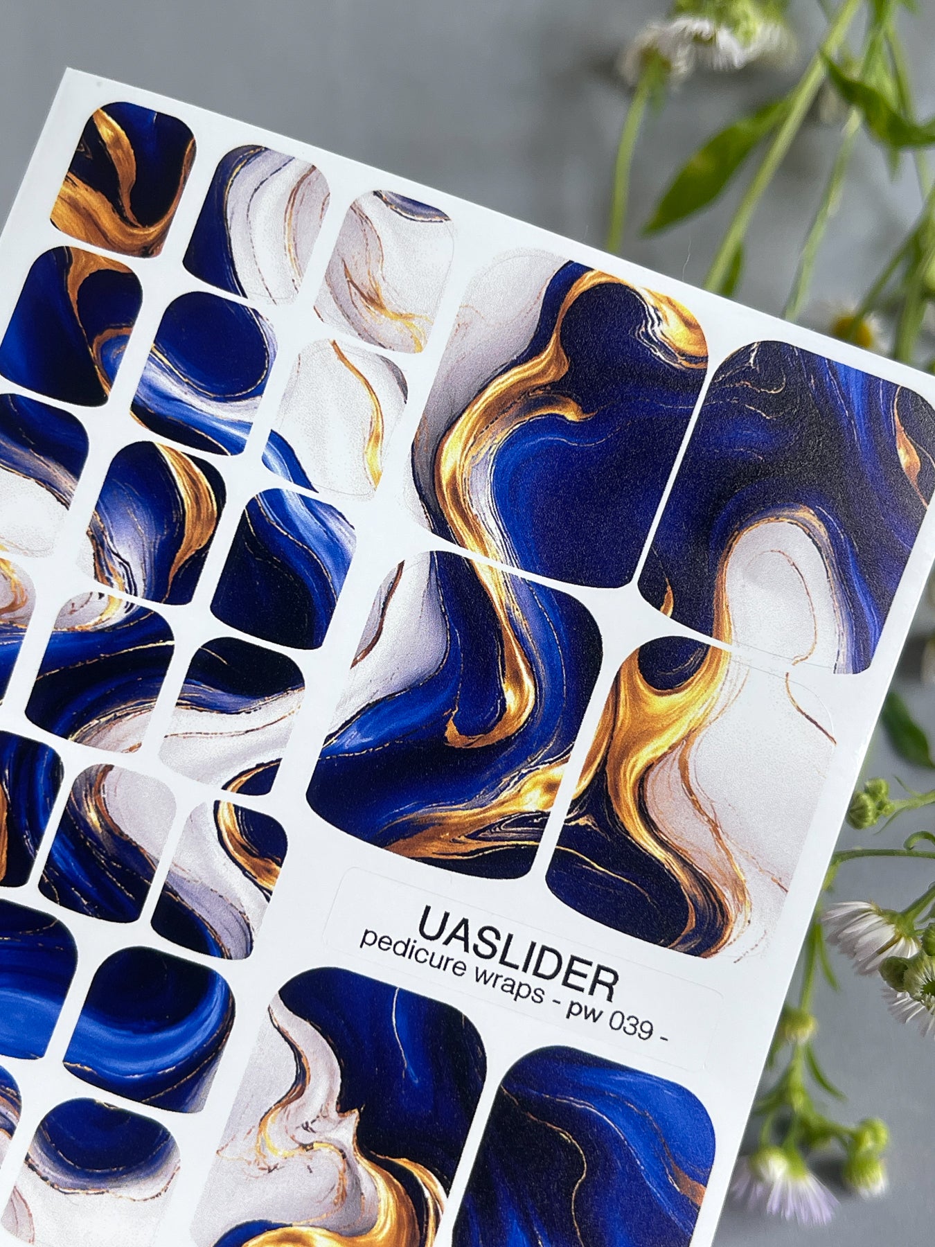 Marble Pedicure Nail Wraps — Navy Blue & Gold Swirl | PW-039