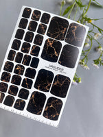 Black Marble Pedicure Nail Wraps — Rose Gold Veining | PW-040