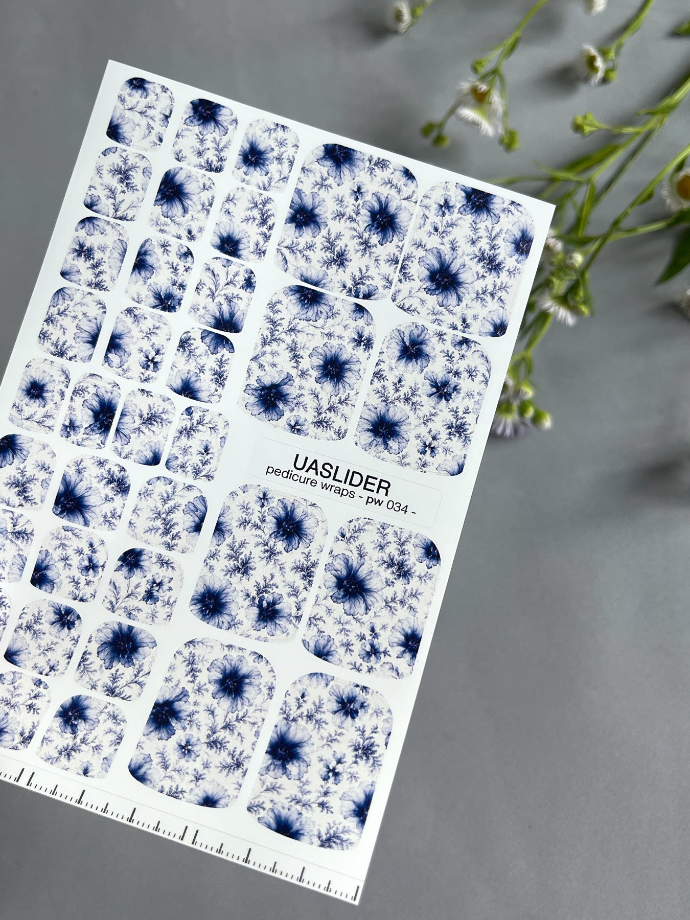 Floral Pedicure Nail Wraps — Navy Blue Botanical Flowers on White | PW-034