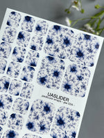 Floral Pedicure Nail Wraps — Navy Blue Botanical Flowers on White | PW-034