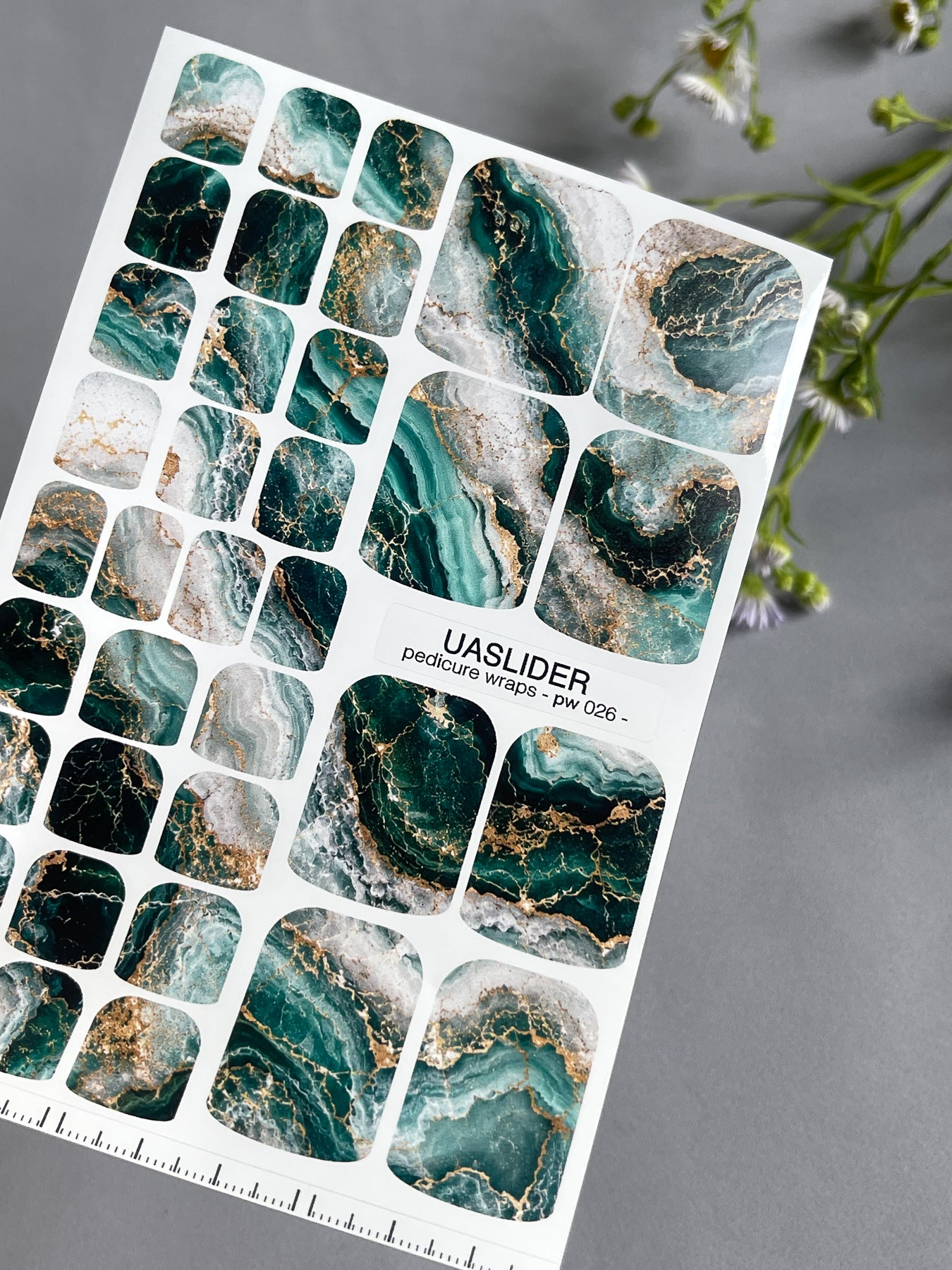 Marble Pedicure Nail Wraps — Deep Teal & White Watercolor Marble with Gold | PW-026