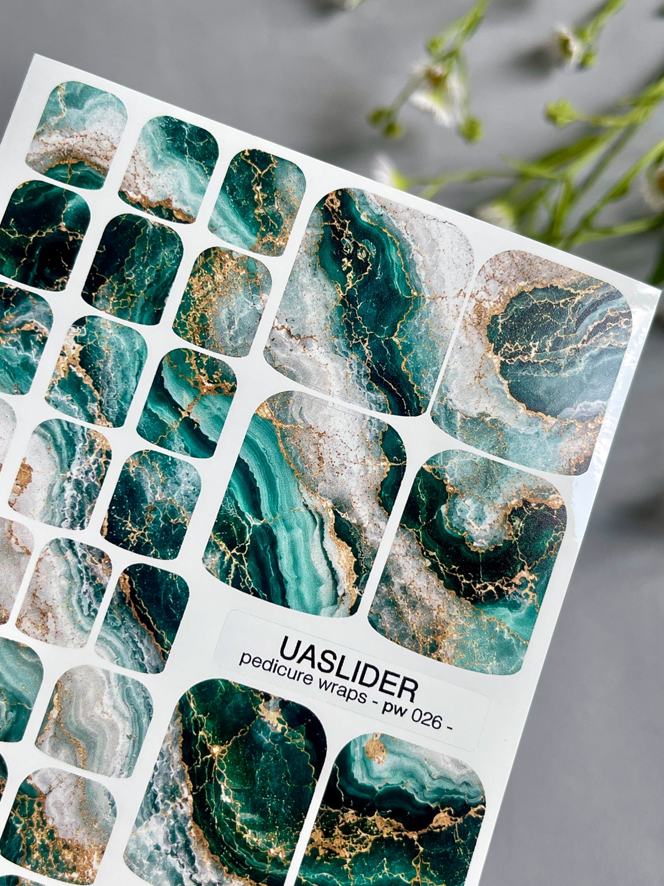 Marble Pedicure Nail Wraps — Deep Teal & White Watercolor Marble with Gold | PW-026