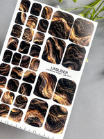 Marble Pedicure Nail Wraps — Black & Bronze Watercolor Marble with Gold | PW-027