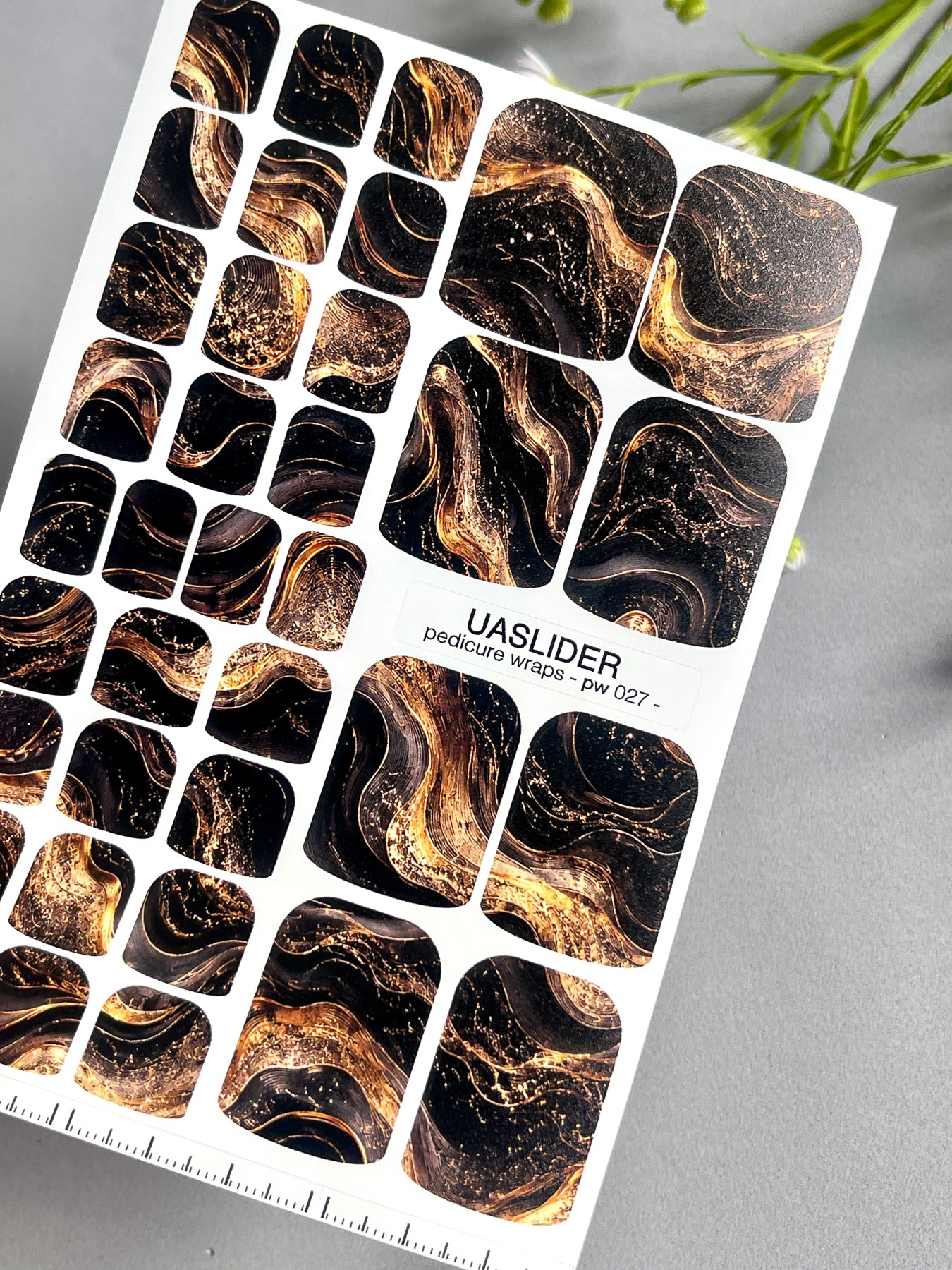 Marble Pedicure Nail Wraps — Black & Bronze Watercolor Marble with Gold | PW-027