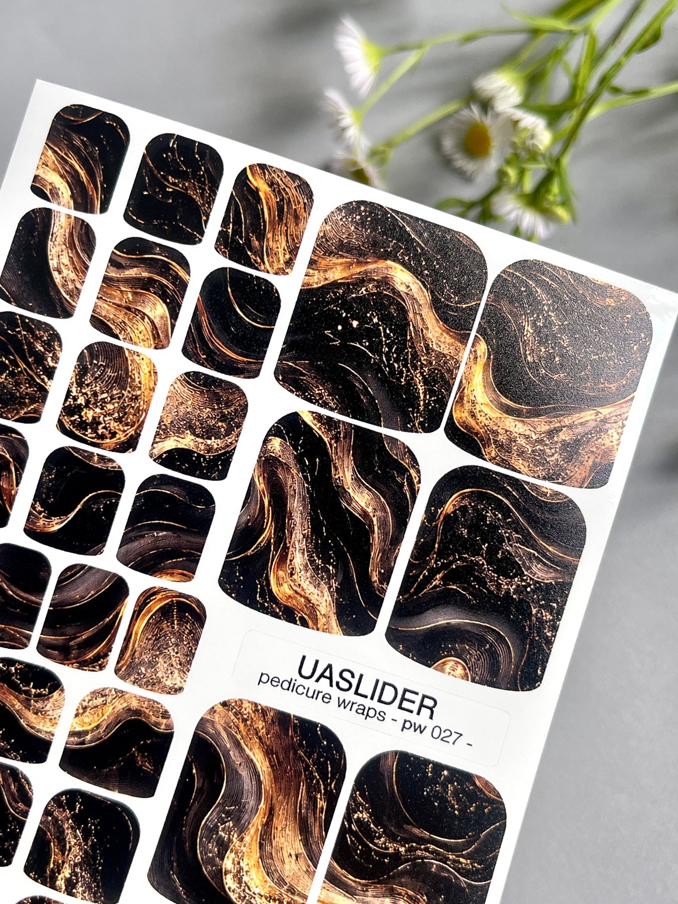 Marble Pedicure Nail Wraps — Black & Bronze Watercolor Marble with Gold | PW-027