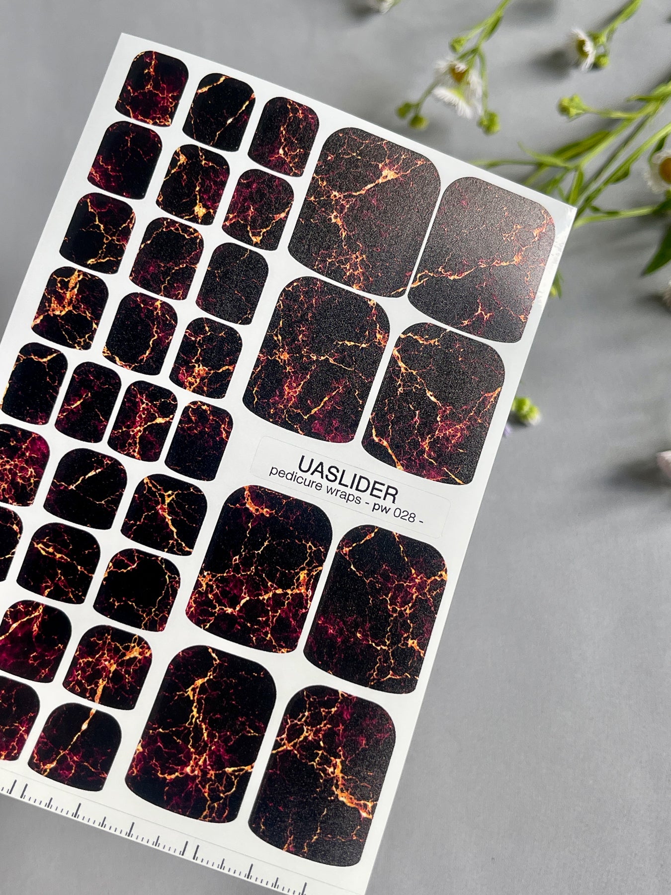Marble Pedicure Nail Wraps — Black & Red Lava Marble with Gold Veins | PW-028