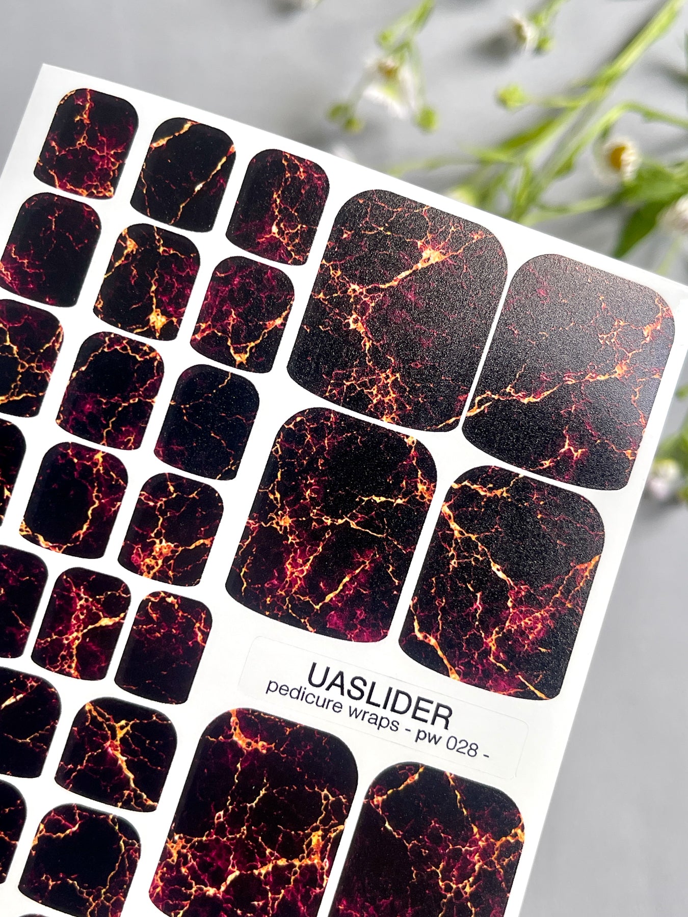 Marble Pedicure Nail Wraps — Black & Red Lava Marble with Gold Veins | PW-028