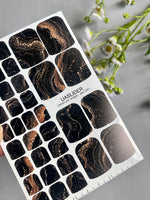 Marble Pedicure Nail Wraps — Black & Rose Gold Watercolor Marble with Glitter | PW-030