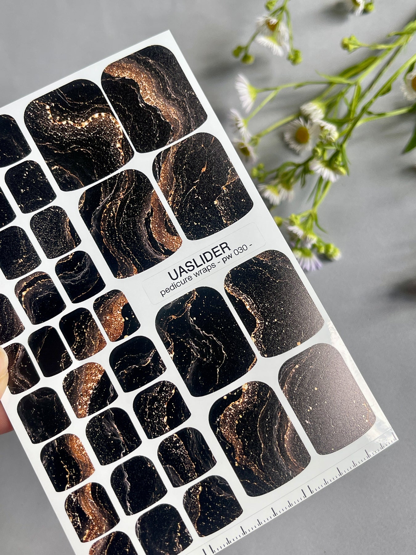 Marble Pedicure Nail Wraps — Black & Rose Gold Watercolor Marble with Glitter | PW-030