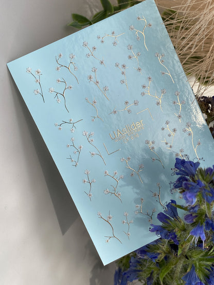 Nail Water Decal CF-616 | Minimalist Floral Water Slide Nail Decals | White Blossom Branches