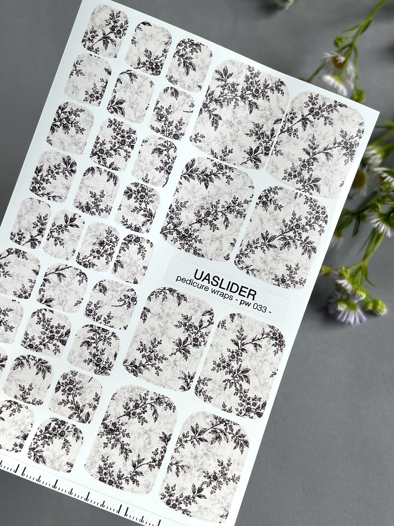 Floral Pedicure Nail Wraps — Black Vintage Flowers on Grey Texture | PW-033