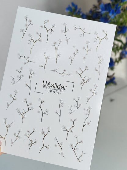 Nail Water Decal CF-616 | Minimalist Floral Water Slide Nail Decals | White Blossom Branches