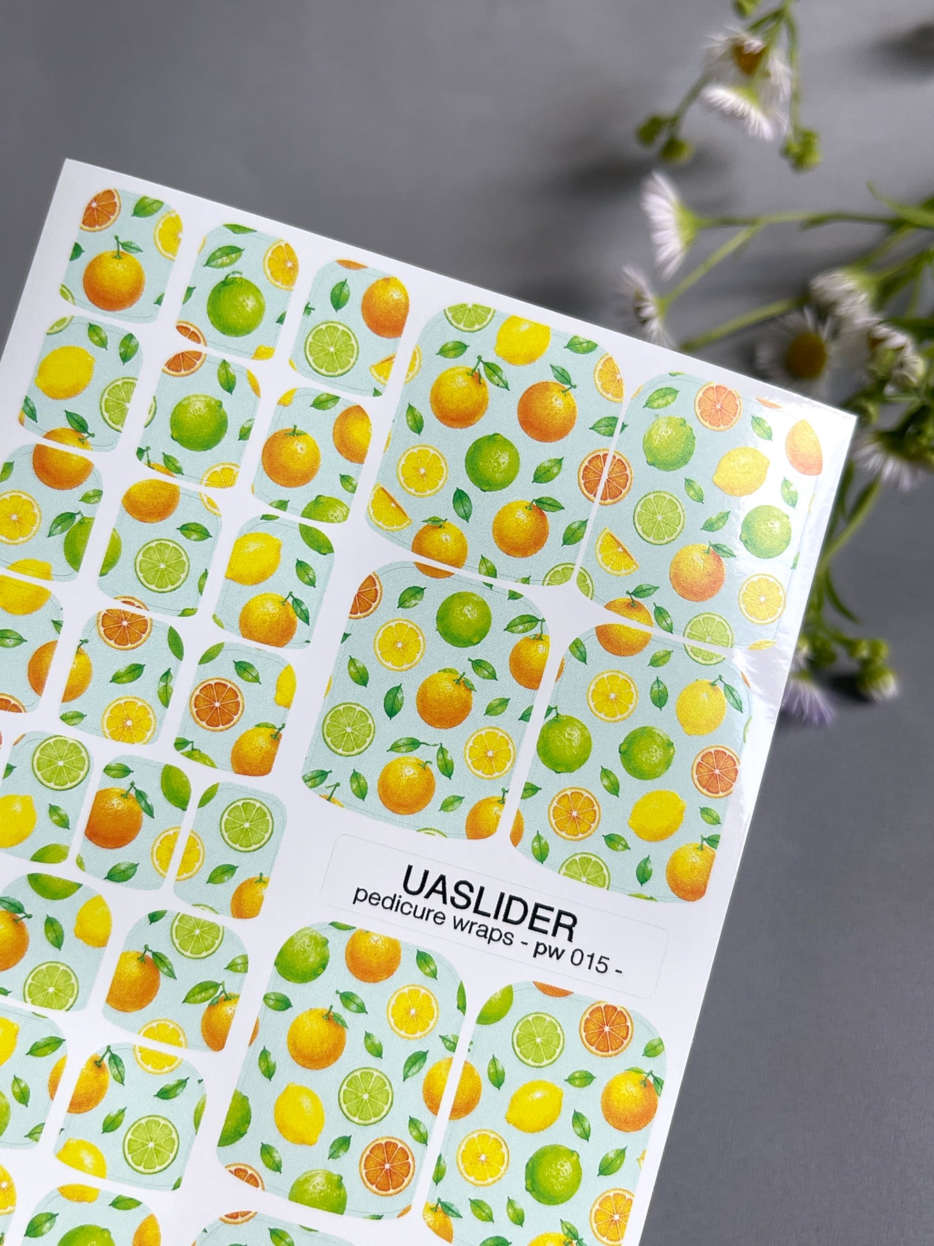 Citrus Pedicure Nail Wraps — Orange, Lemon & Lime on Mint | PW-015
