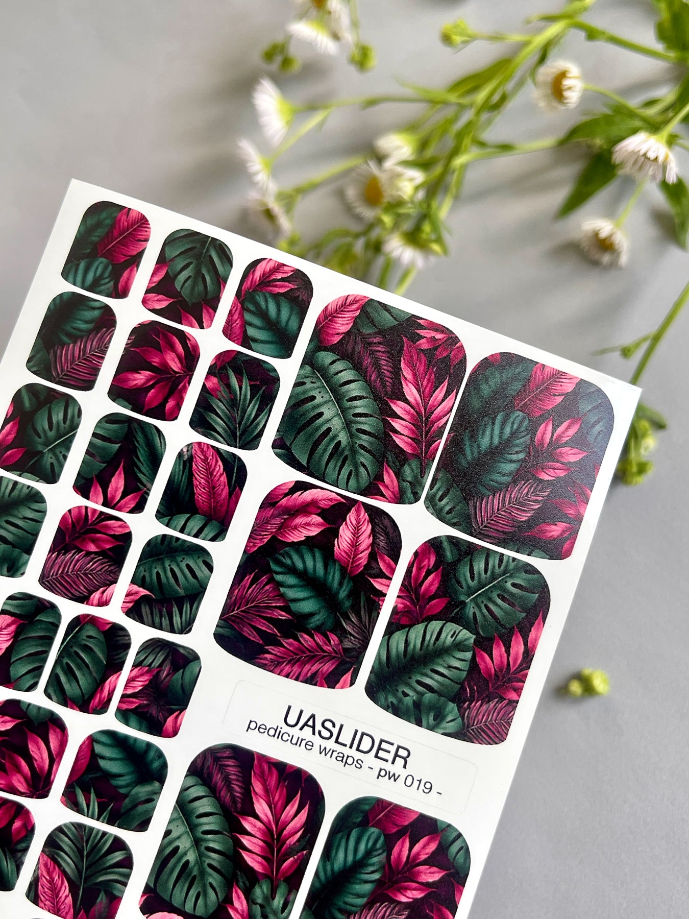 Tropical Leaves Pedicure Nail Wraps — Dark Teal & Magenta Jungle | PW-019
