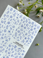 Seashell Pedicure Nail Wraps — Blue Line Art Shells & Starfish | PW-020