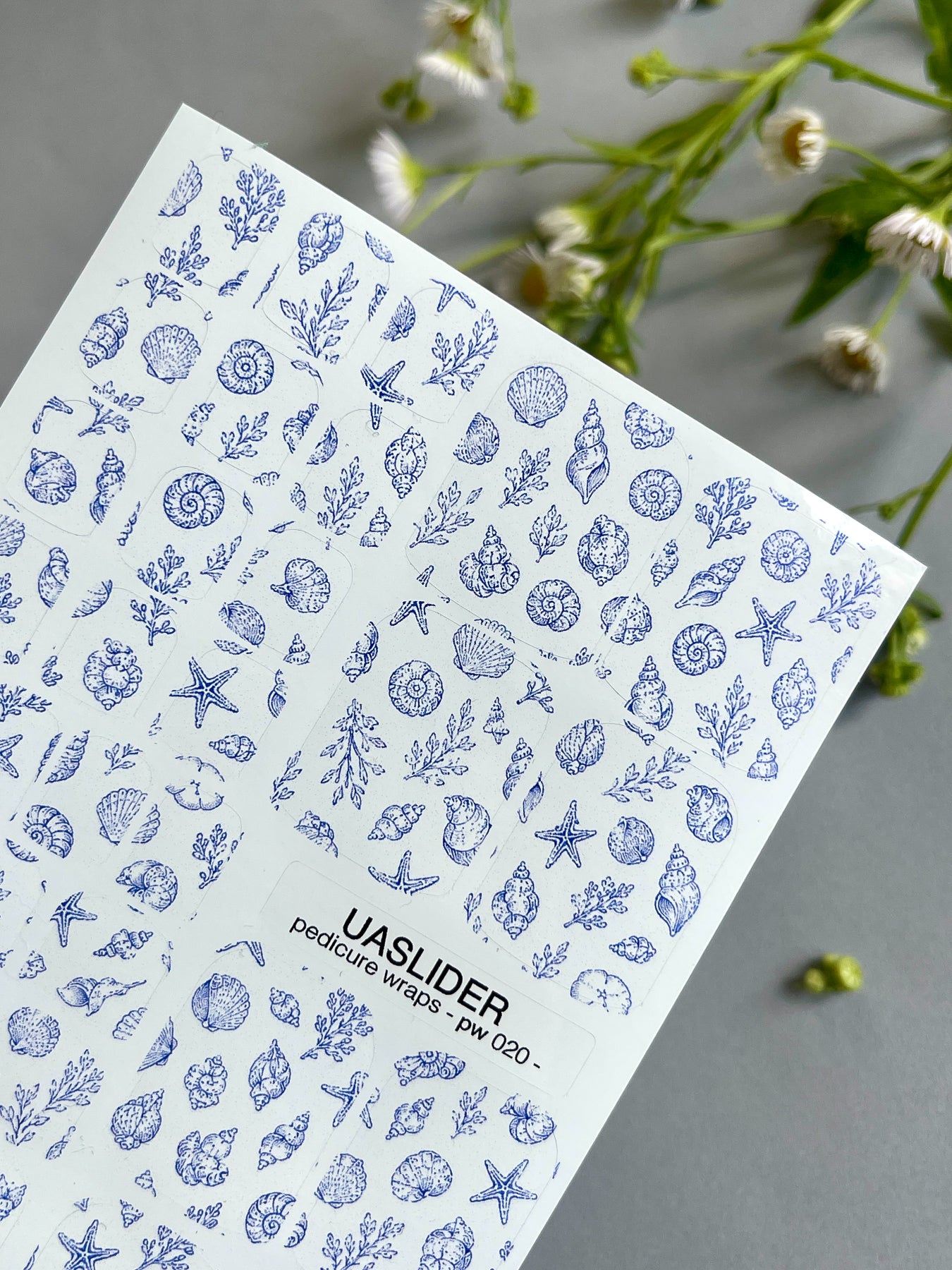Seashell Pedicure Nail Wraps — Blue Line Art Shells & Starfish | PW-020
