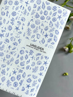 Seashell Pedicure Nail Wraps — Blue Line Art Shells & Starfish | PW-020