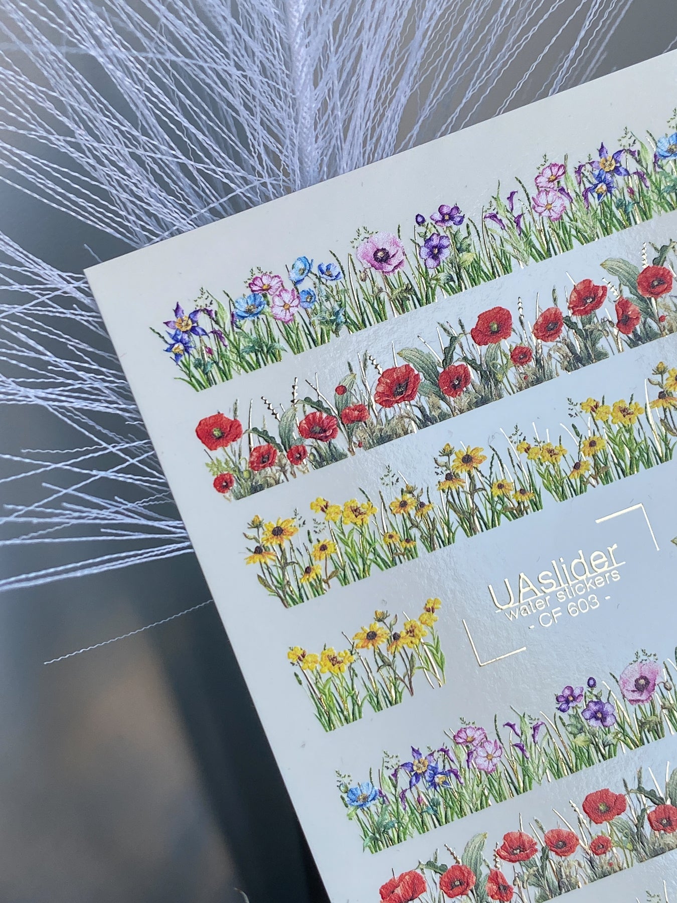 Nagel Water Decal CF-603 | Water Decals voor Nagels | Bloemrijke Weide Strepen – Klaprozen, Madeliefjes & Wilde Bloemen