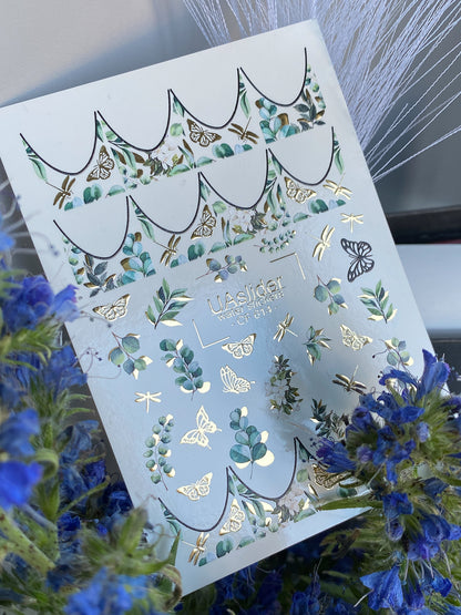 Nail Water Decal CF-614 | Botanical French Water Slide Nail Decals | Gold Foil Butterflies & Leaves