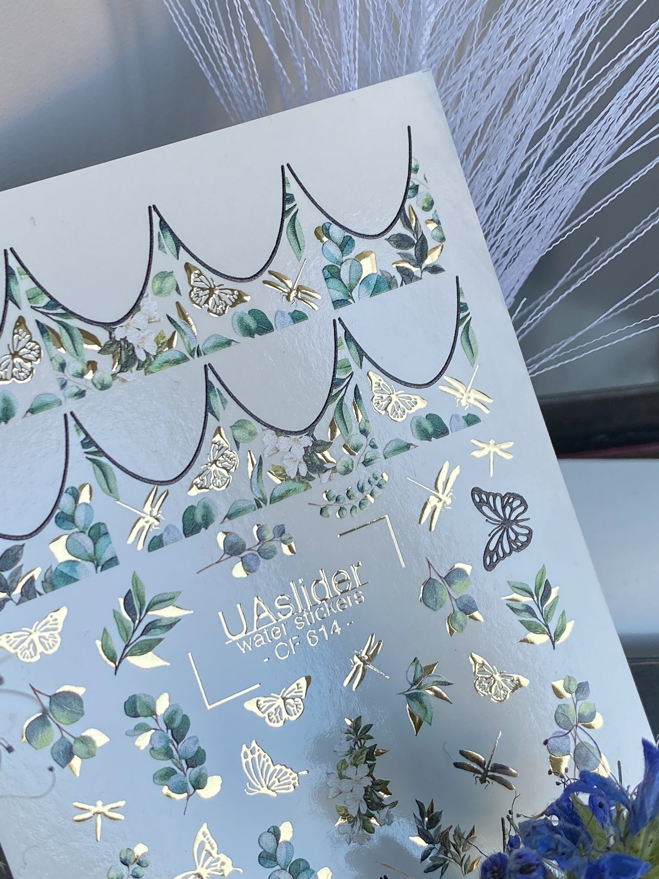 Nail Water Decal CF-614 | Botanical French Water Slide Nail Decals | Gold Foil Butterflies & Leaves
