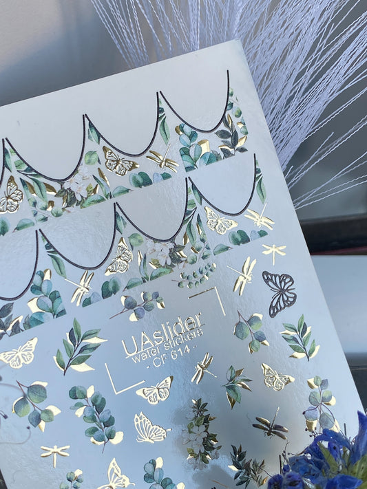 Nail Water Decal CF-614 | Botanical French Water Slide Nail Decals | Gold Foil Butterflies & Leaves