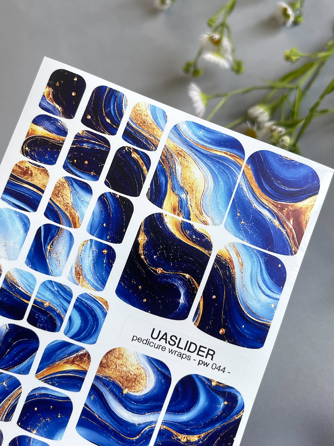 Blue Agate Pedicure Nail Wraps — Navy, Sky Blue & Gold Swirl | PW-044
