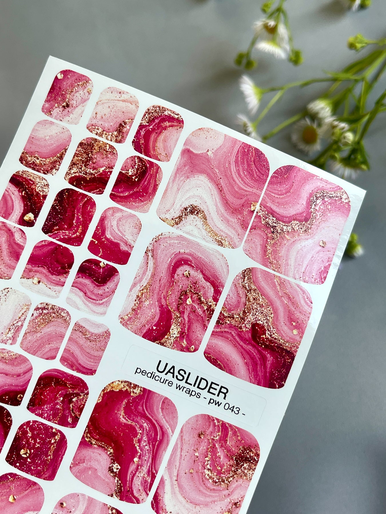 Pink Agate Pedicure Nail Wraps — Berry, Blush & Gold Flakes | PW-043
