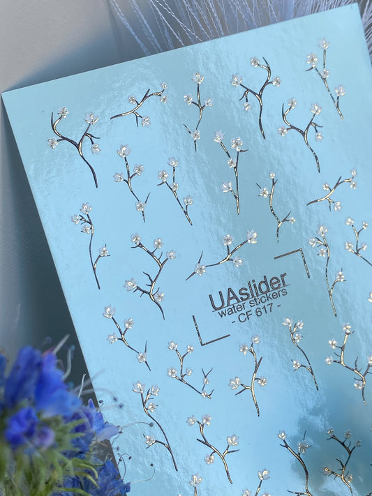 Köröm víz matrica CF-617 | Finom virágos vízcsúsztatós köröm matricák | Fehér virágzó ágas minták