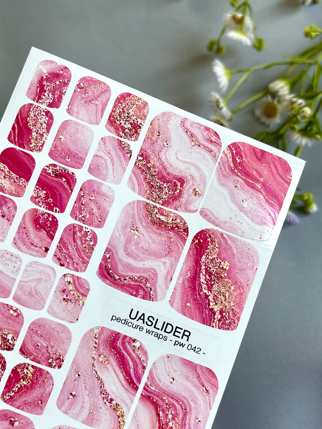 Pink Marble Pedicure Nail Wraps — Hot Pink & Gold Glitter Swirl | PW-042