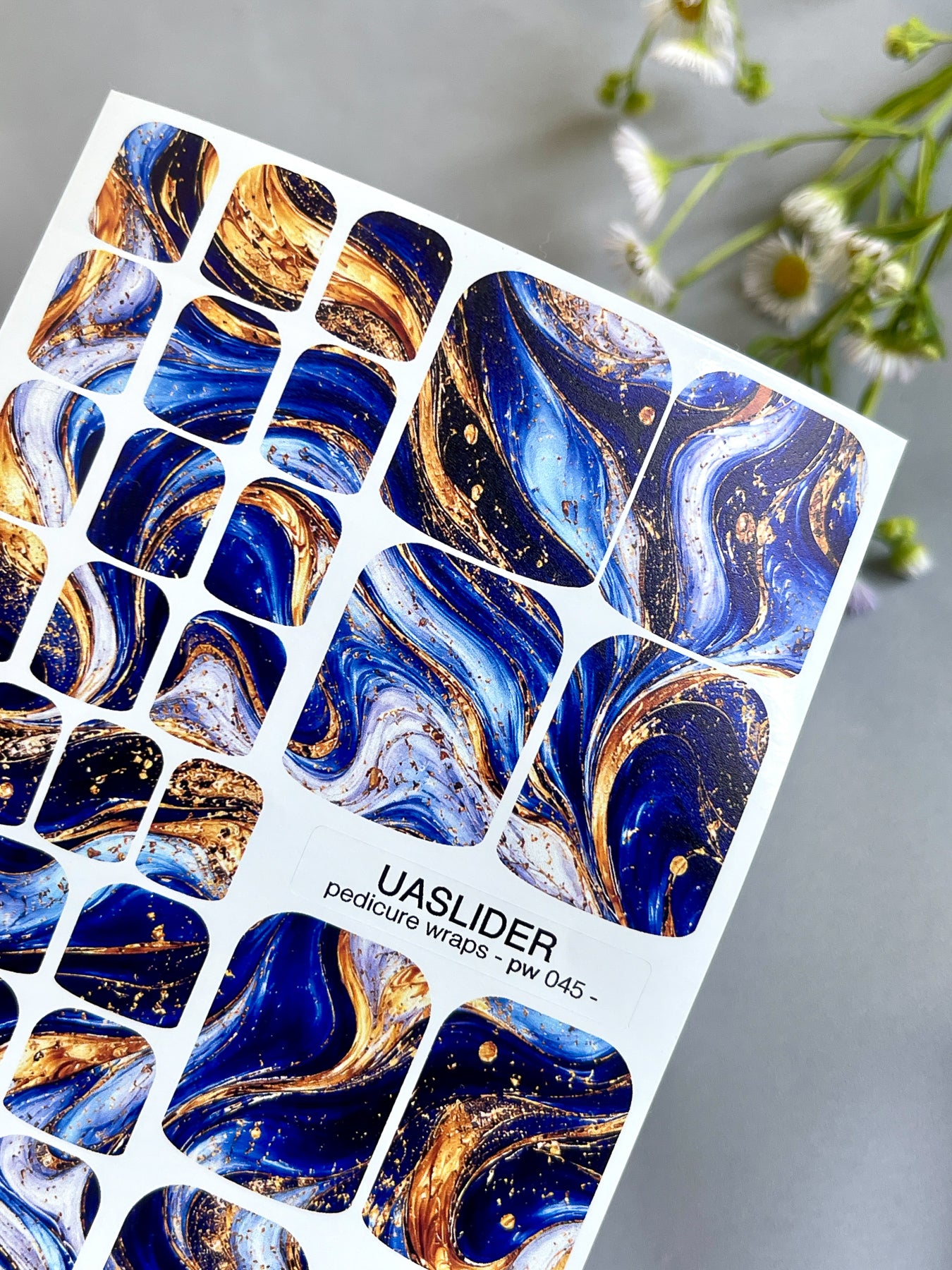 Blue & Gold Marble Pedicure Nail Wraps — Fluid Art Swirl | PW-045