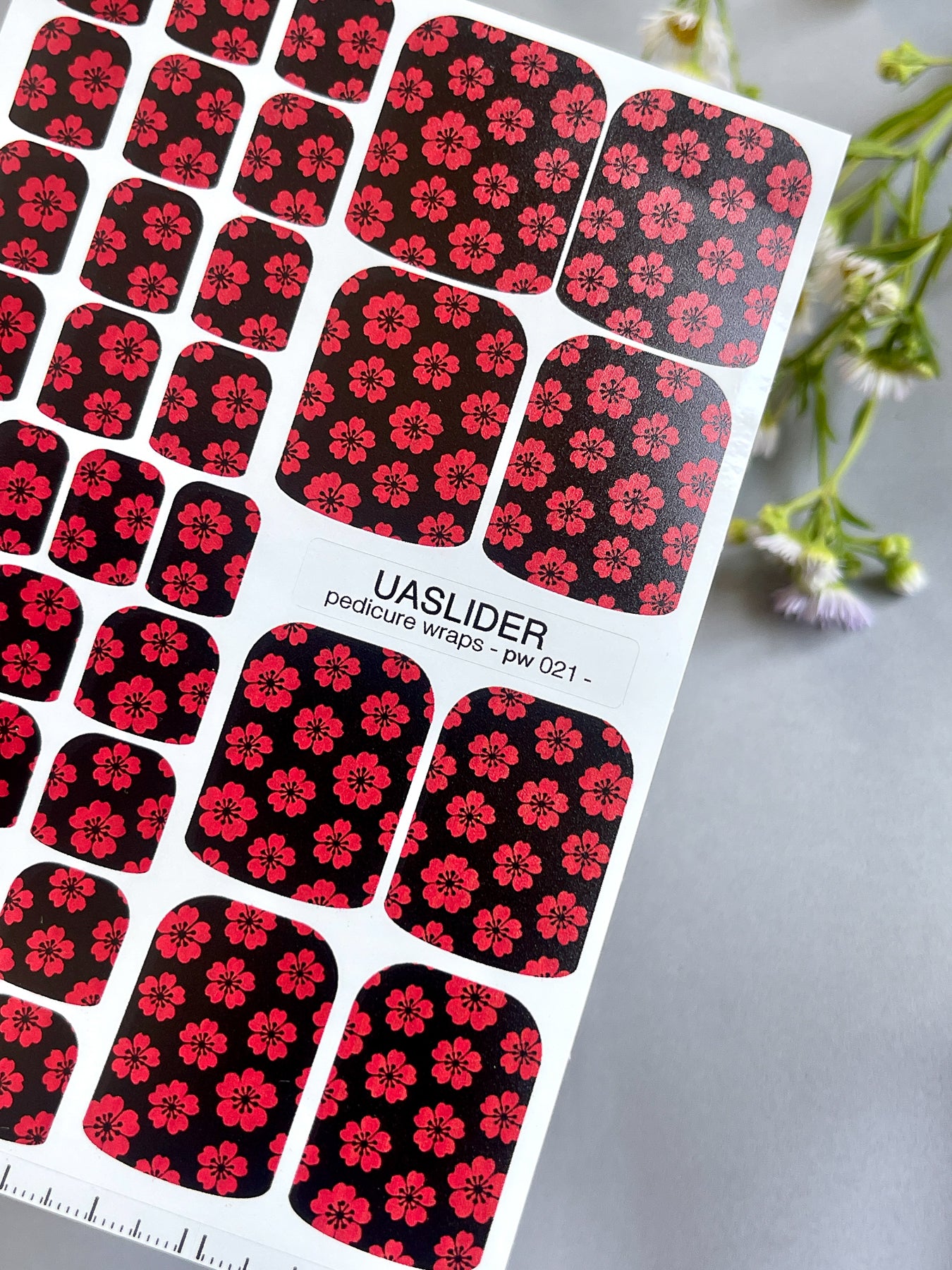 Floral Pedicure Nail Wraps — Red Sakura Blossoms on Black | PW-021