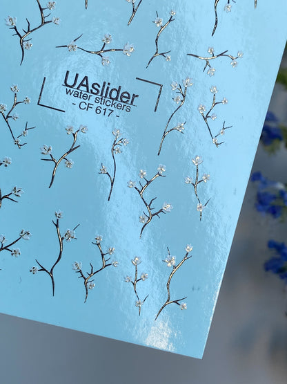 Nagel Water Decal CF-617 | Fijne Bloemige Water Slide Nagel Decals | Wit Bloesemtak Ontwerpen