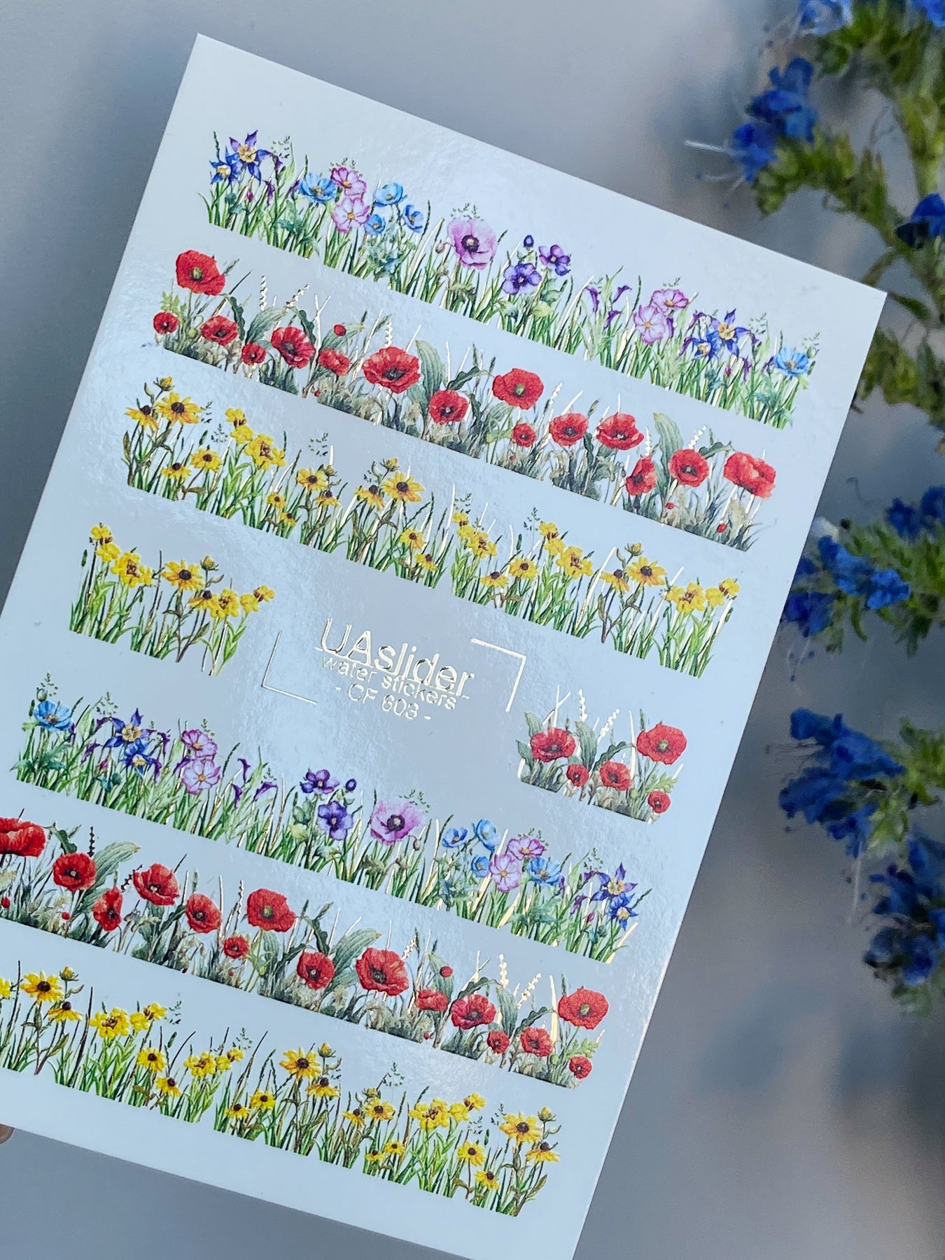 Nail Water Decal CF-603 | Water Decals for Nails | Floral Meadow Stripes – Poppies, Daisies & Wildflowers - UASLIDER
