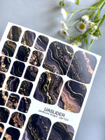 Marble Pedicure Nail Wraps — Black & Dark Navy Watercolor Marble with Gold | PW-024