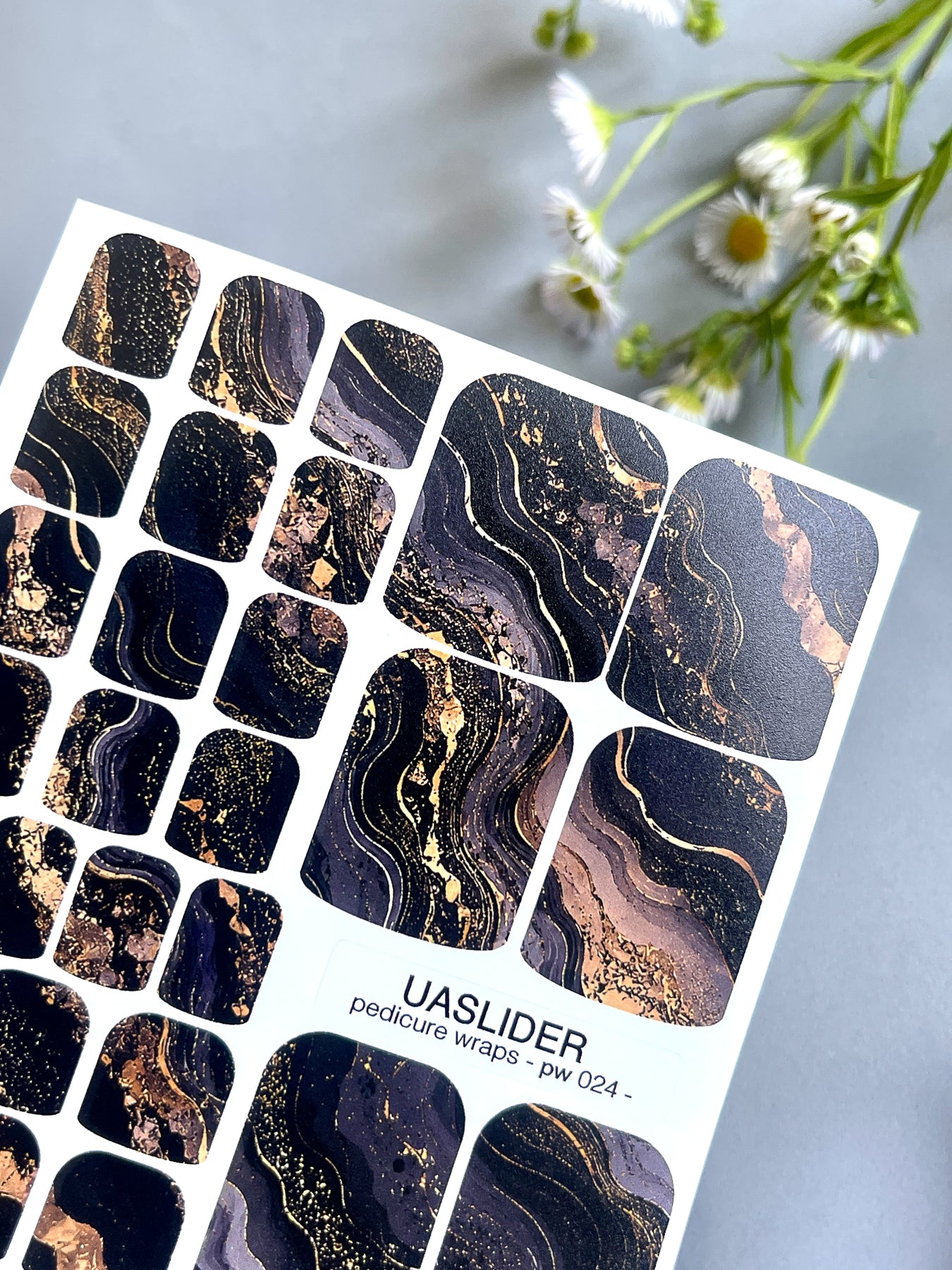 Marble Pedicure Nail Wraps — Black & Dark Navy Watercolor Marble with Gold | PW-024