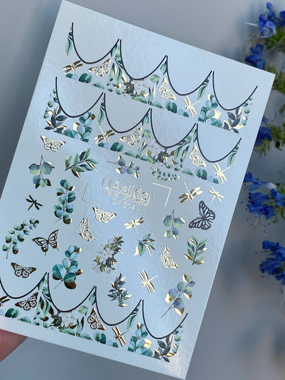 Nail Water Decal CF-614 | Botanical French Water Slide Nail Decals | Gold Foil Butterflies & Leaves