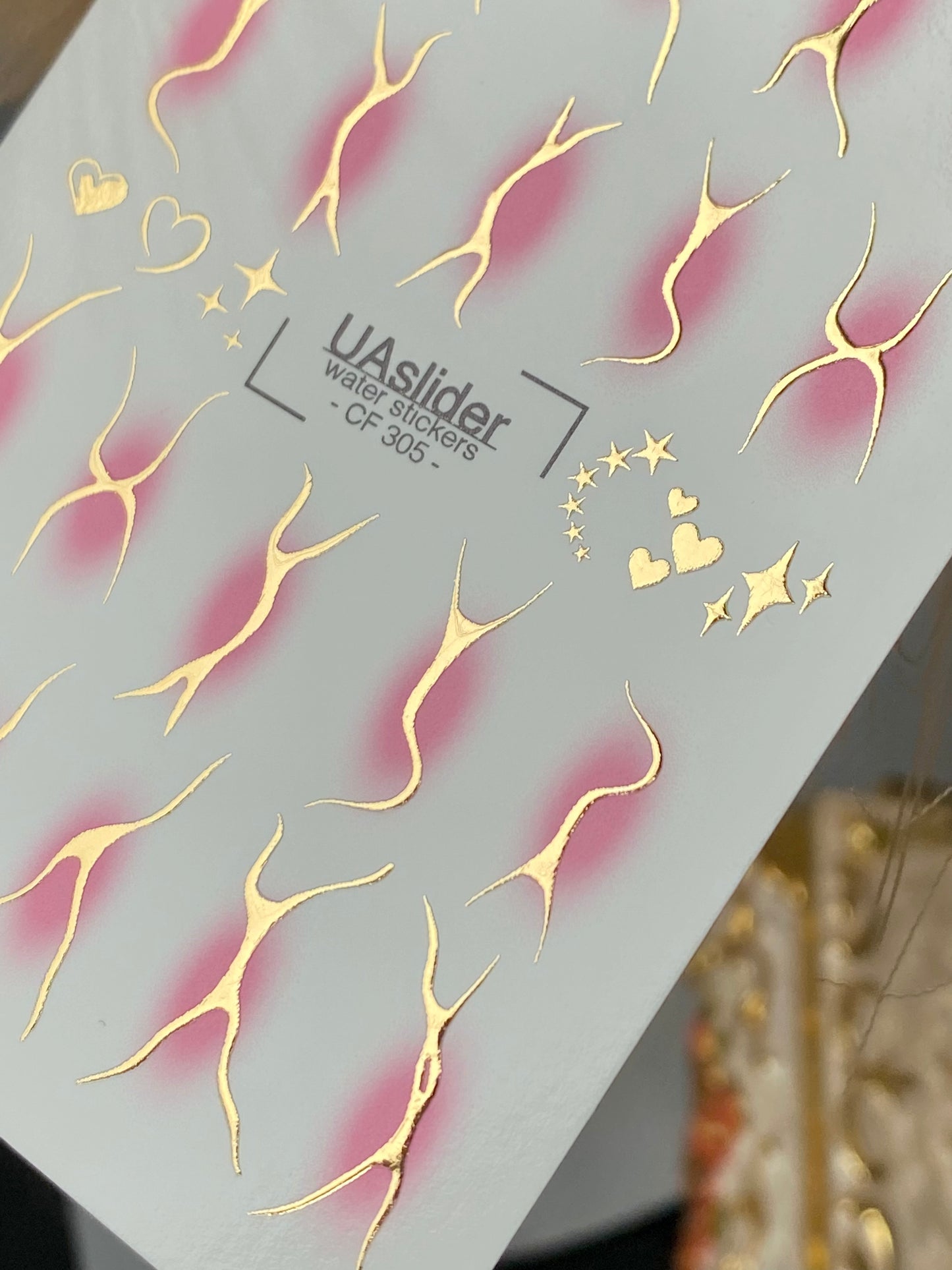 Nail Water Decal CF-305 | Abstract Gold Water Slide Nail Decals | Pink Shadows, Stars & Hearts
