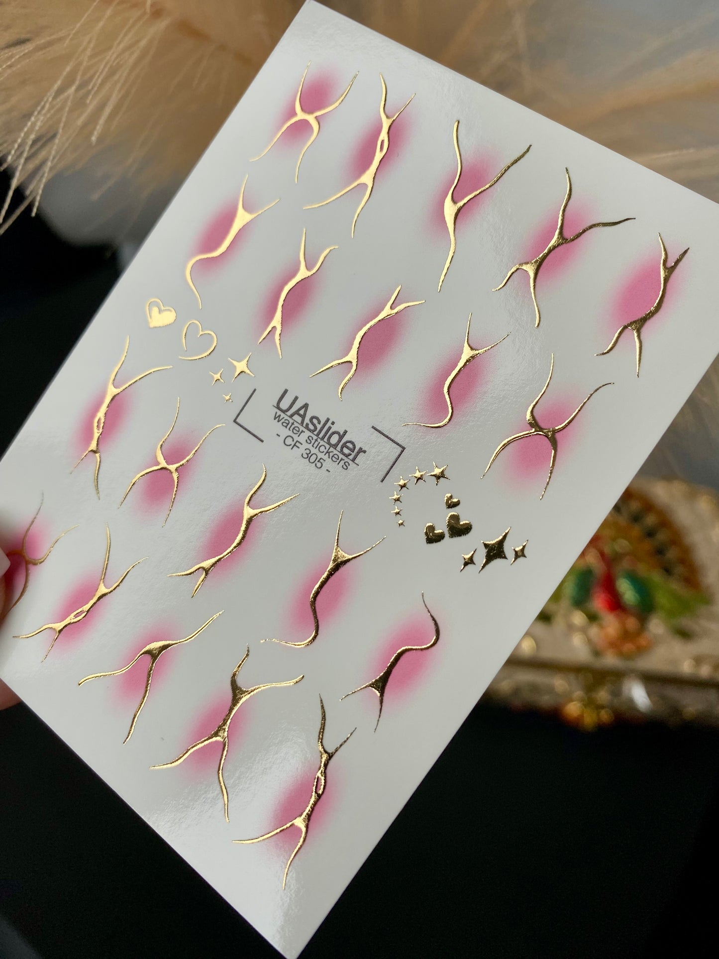 Nail Water Decal CF-305 | Abstract Gold Water Slide Nail Decals | Pink Shadows, Stars & Hearts