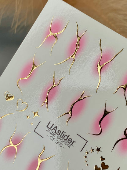 Nail Water Decal CF-305 | Abstract Gold Water Slide Nail Decals | Pink Shadows, Stars & Hearts
