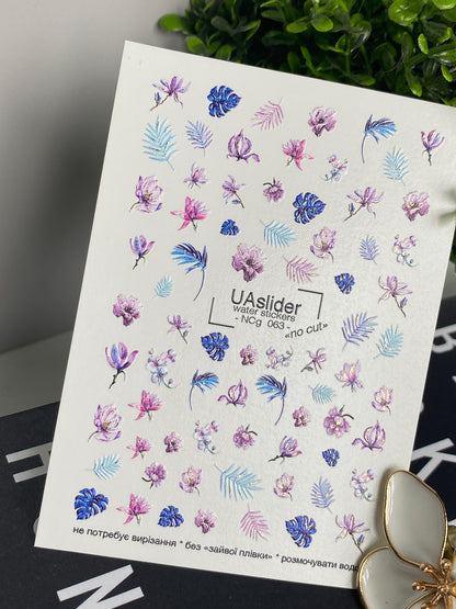 Nail Water Decal NCg-063 | Water Slide Nail Decals Tropical Leaves and Flowers | Pink, Blue and Purple Accents