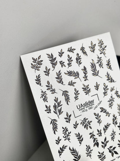 Nálepka na nehty NCg-060 | Vodní nálepky na nehty s motivem botanických listů | Minimalistické černé větvičky