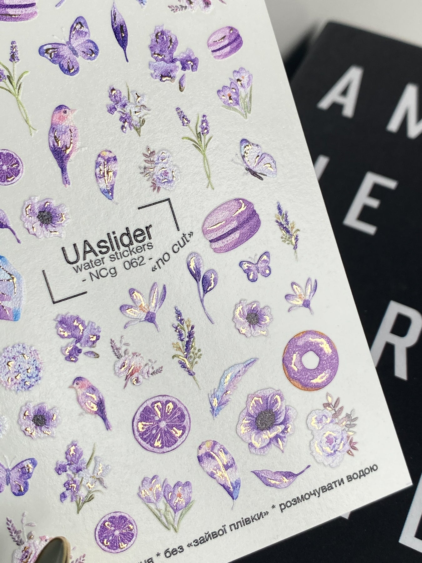 Nail Water Decal NCg-062 | Water Slide Nail Decals Purple Aesthetic | Flowers, Butterflies and Sweets - UASLIDER