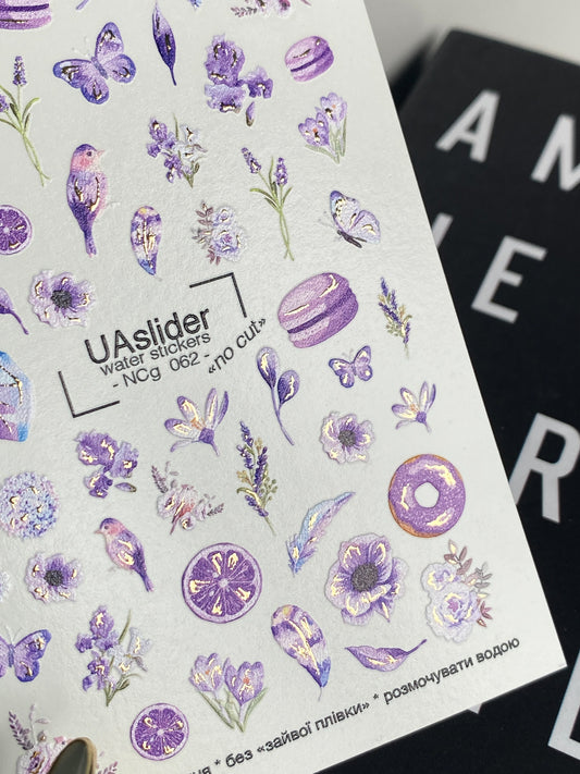 Nail Water Decal NCg-062 | Water Slide Nail Decals Purple Aesthetic | Flowers, Butterflies and Sweets