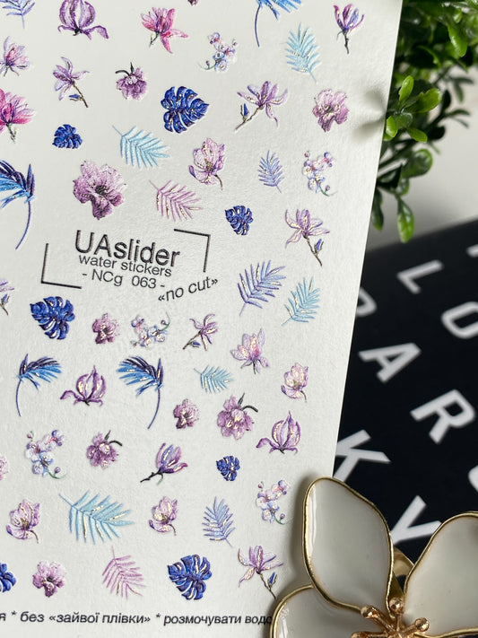Nail Water Decal NCg-063 | Water Slide Nail Decals Tropical Leaves and Flowers | Pink, Blue and Purple Accents