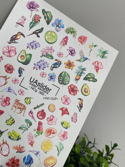 Küünte veekleebis NCg-065 | Veeliuguri küünte kleebised Troopiline paradiis | Eksootilised linnud, puuviljad ja lilled