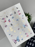 Nail Water Decal CF-601 | Butterfly & Floral Nail Water Decals | Blue, Purple & Pink Butterflies with Gold Details - UASLIDER