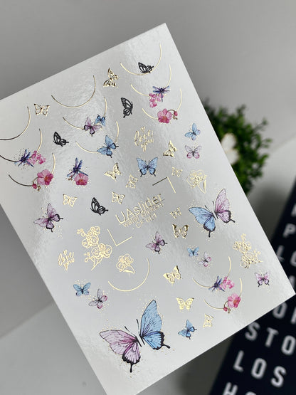 Nálepka na nehty CF-601 | Nálepky na nehty s motivem motýlů a květin | Modří, fialoví a růžoví motýli se zlatými detaily